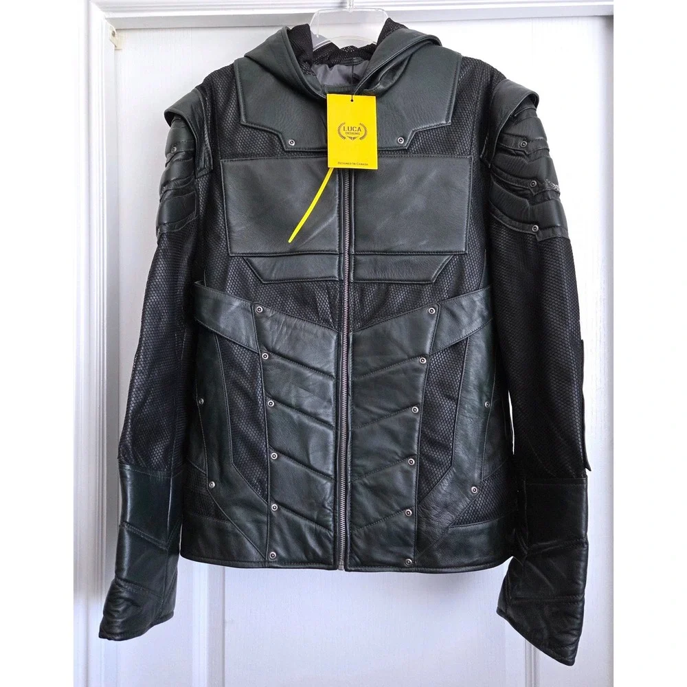 Luca Designs Green Armor Leather Hooded Jacket Mens XL Lambskin Moto Coat